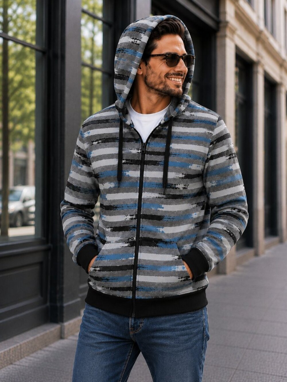Men's Hoodie MEDIUM Full Zip Gray Teal Stripe with pockets No Boundaries - Picture 2 of 14